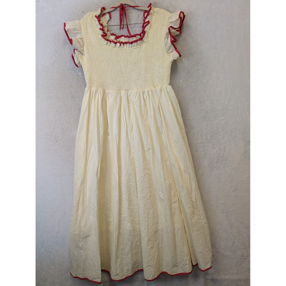 NEW Shop Stevie Marla Midi Dress Women's XL Pale Yellow Red Ruffle Smocked